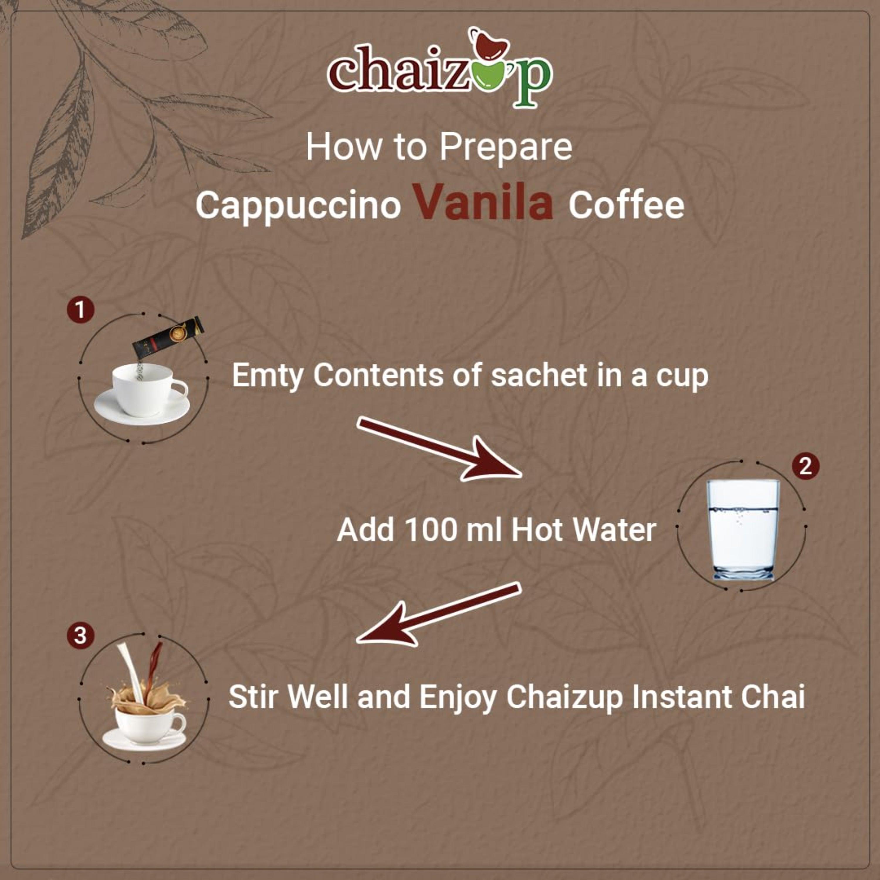 Chaizup Premium 1 Min Instant Assorted Coffee Pack - 12 Sachets | Cappuccino & Vanilla Flavours | 12 Servings | 2 Packs (6 Sachets Each) | 240g